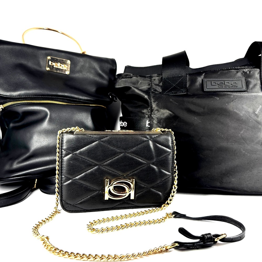 Bebe 3 Pc Black Bag Lot Quilted Chain Crossbody Logo Backpack Pouch‎